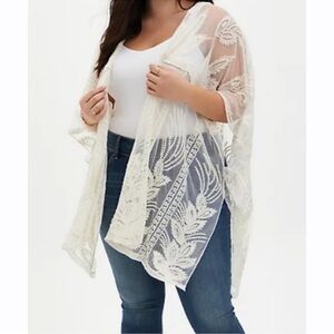 Torrid Ivory Mesh Peacock Feather Embroidered Open Front Ruana Kimono. Sz.OS. P5
